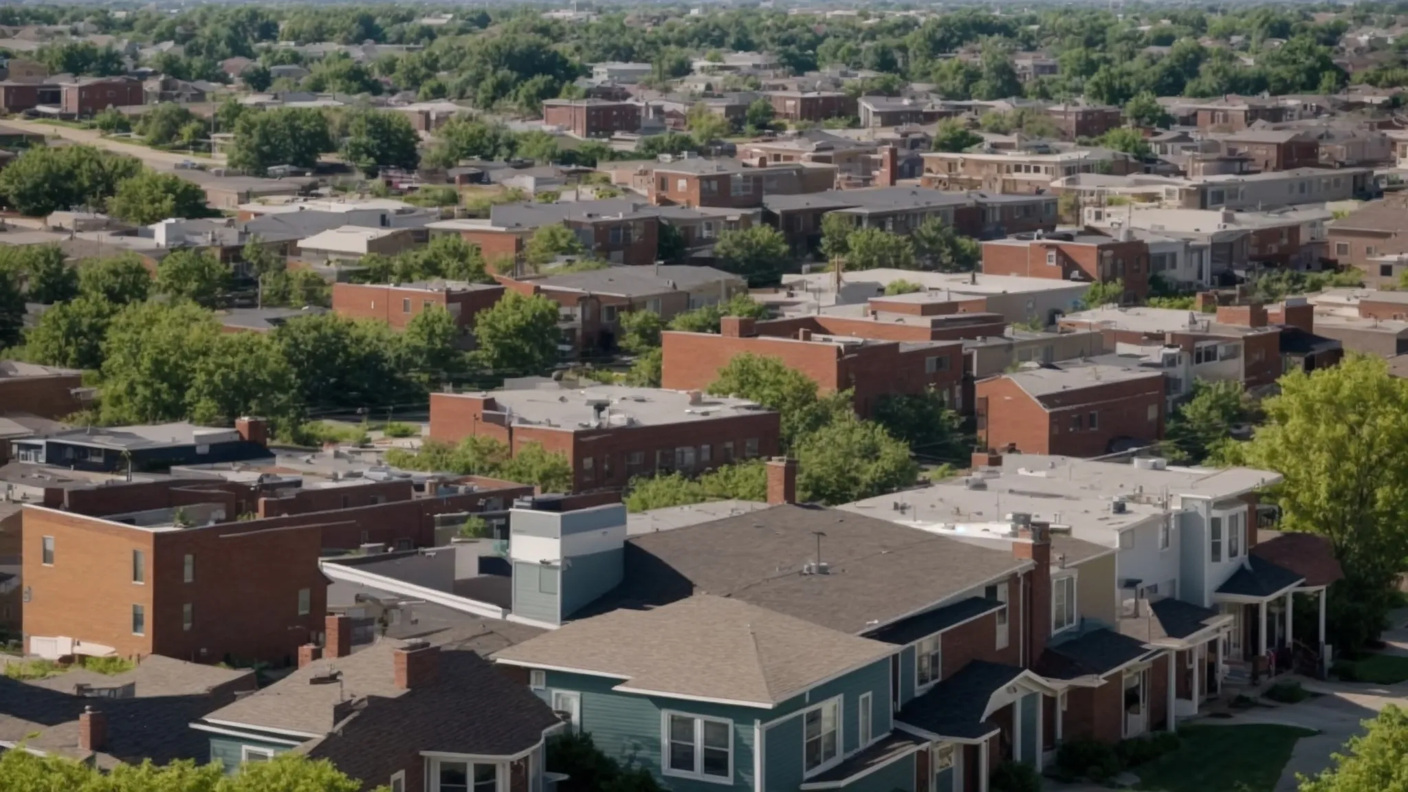 a cityscape of kansas city with clear skies, focusing on residential areas prone to flooding with visible gutters and well-maintained yards.