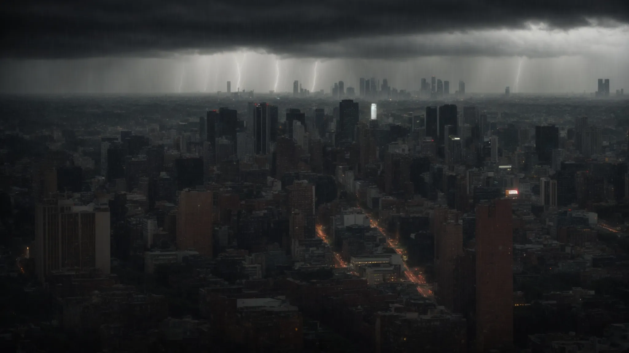 a city skyline under dark, stormy clouds, with visible rain in the distance, symbolizing imminent water-related challenges.