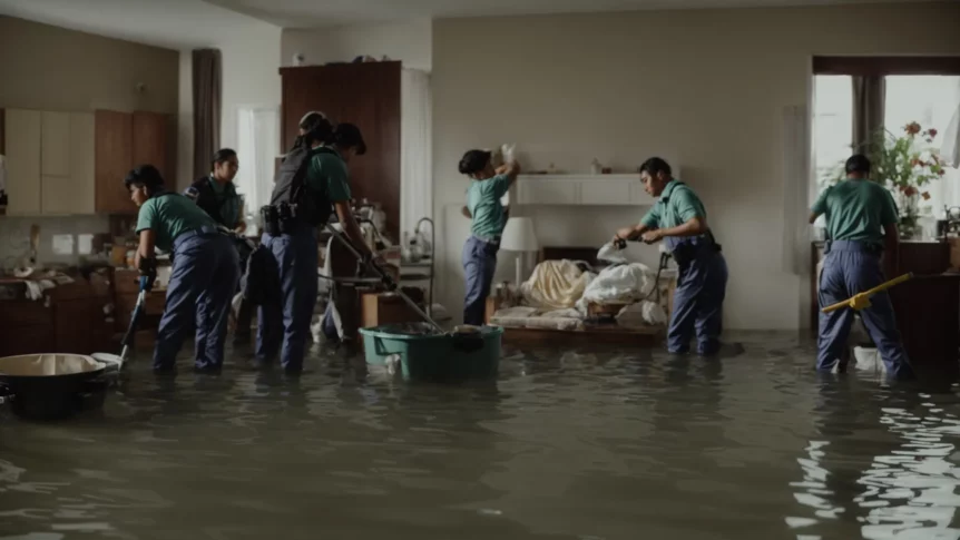 a team in uniform cleaning up and restoring a flooded living room.