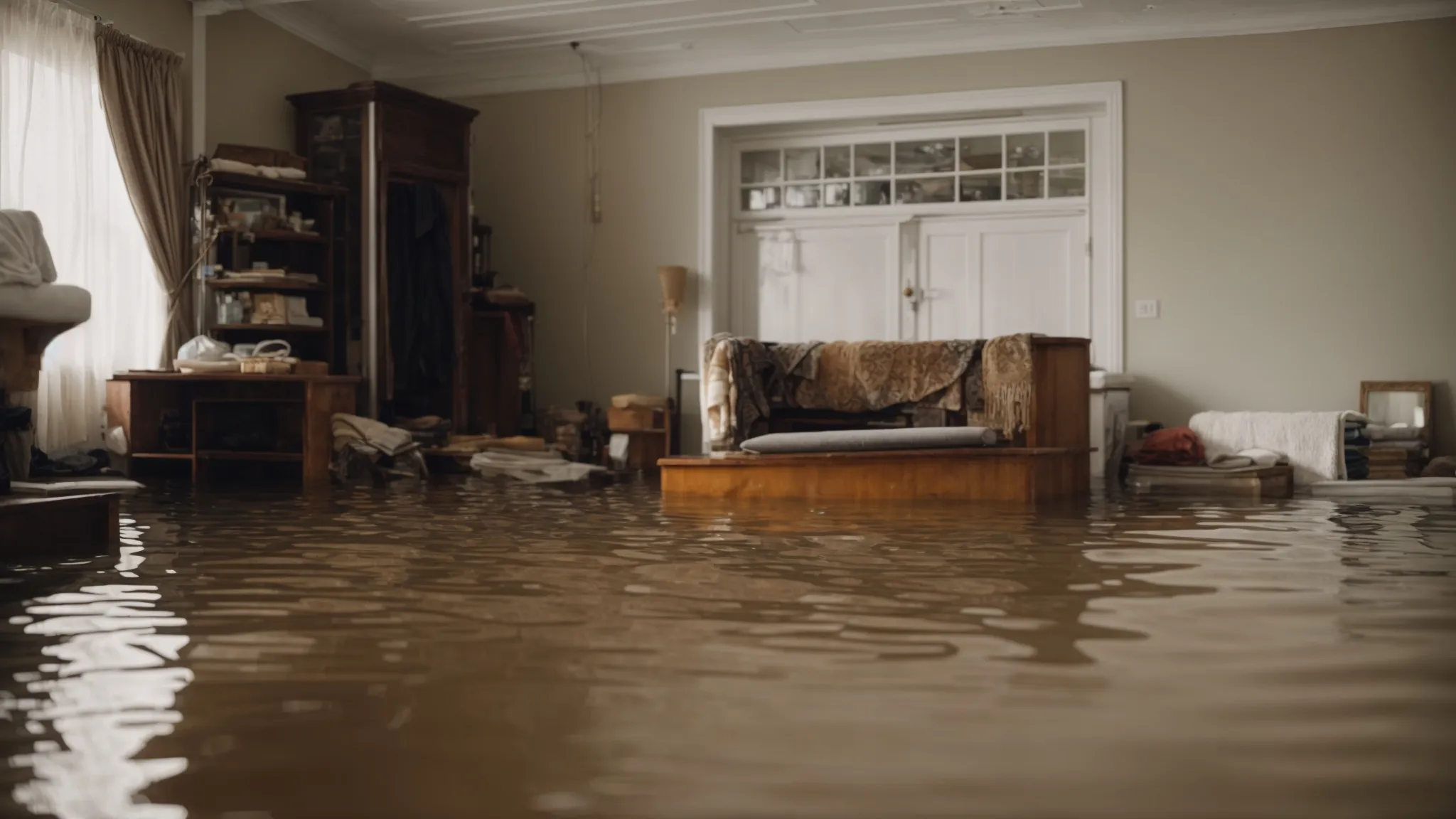 a flooded living room with furniture elevated on blocks and towels lined against the door, awaiting professional repair.