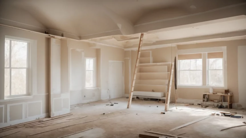 a spacious living room undergoing renovation with fresh drywall installed and a ladder in the center.