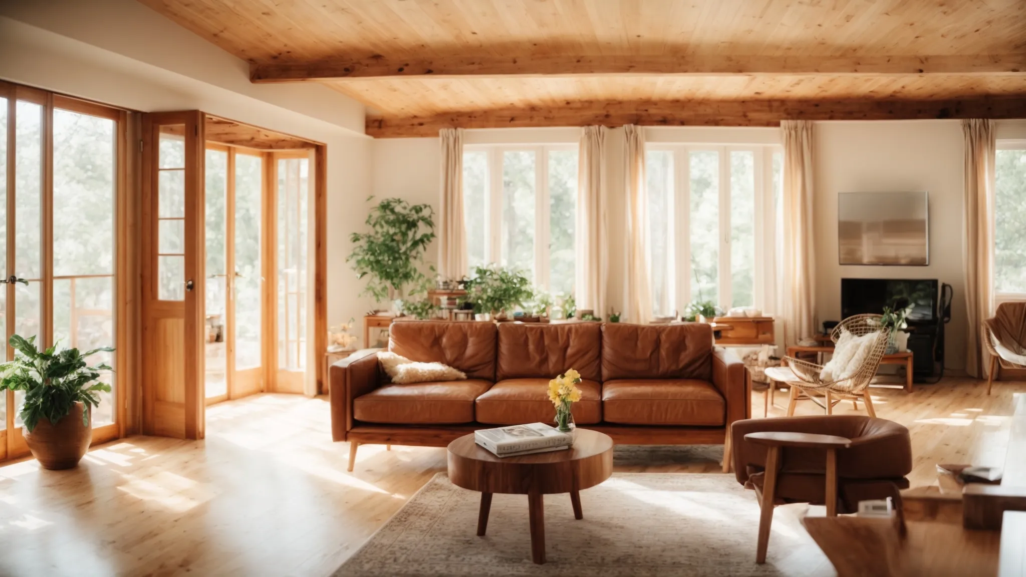 a wide-angle shot of a bright, newly restored living room bathed in natural light, with an emphasis on sturdy, polished wooden structures and modern safety features.