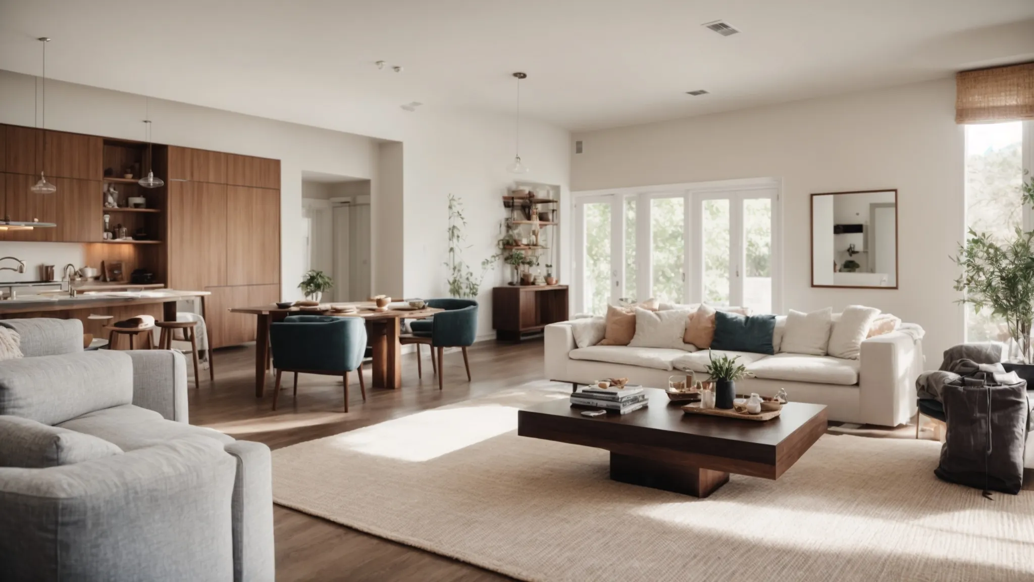 a serene, newly renovated living room bathed in natural light, awaiting its occupants.