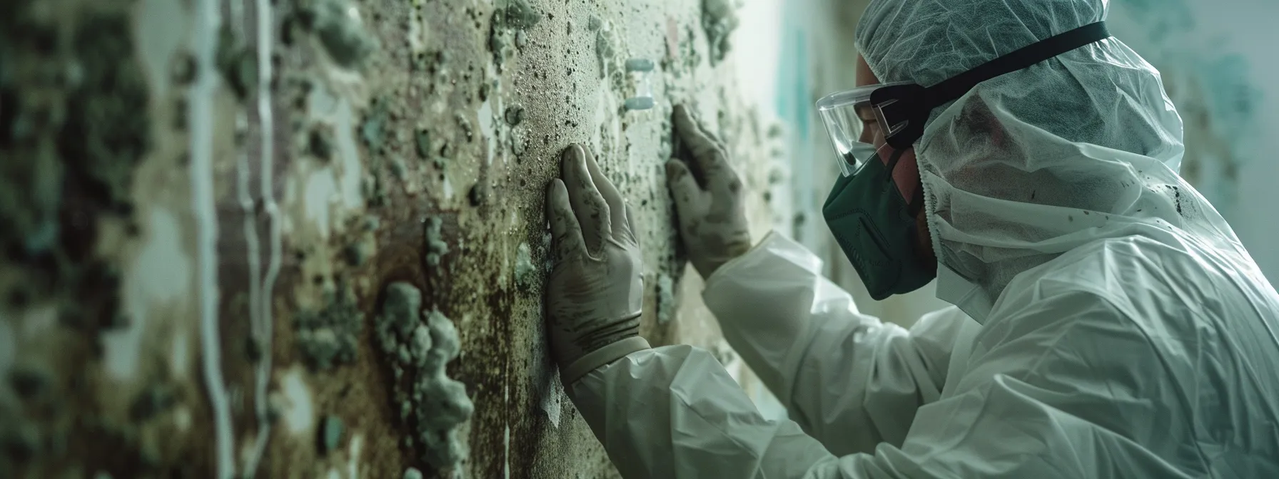 a technician inspecting a wall for mold growth.