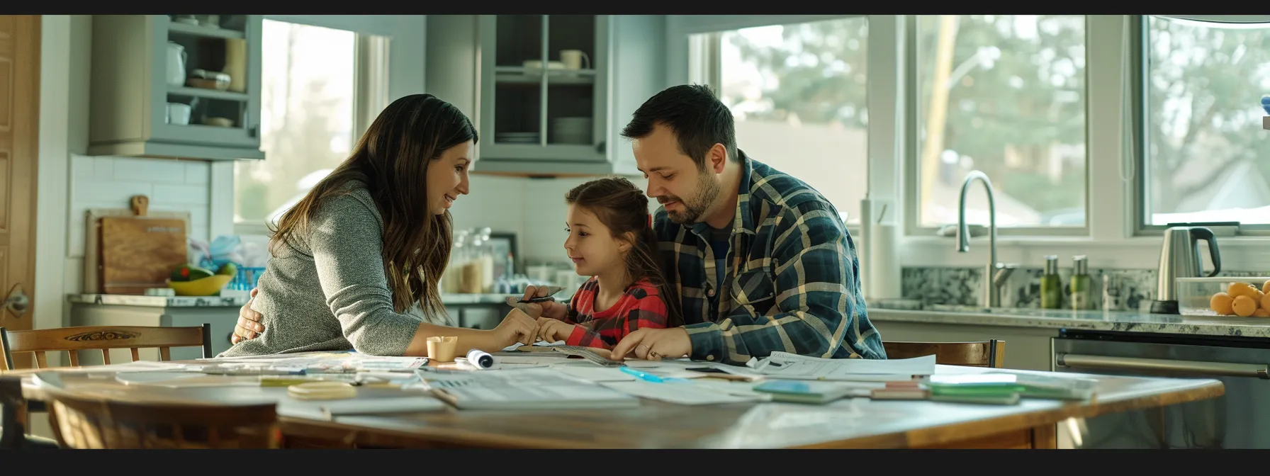 a family discussing remodeling plans at a kitchen table with samples of materials spread out in front of them.