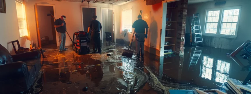 a team of professionals cleaning up and restoring a flooded room in kansas city.