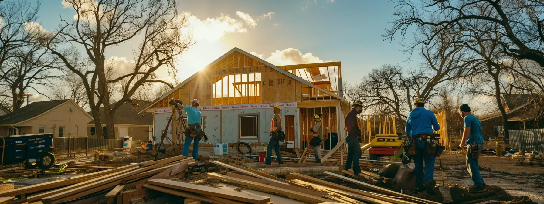 a group of construction workers rebuilding a tornado-damaged home in kansas city.