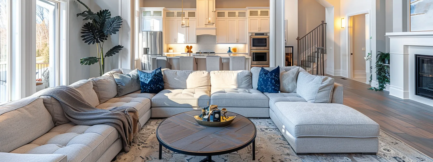 a newly renovated, elegantly styled living room in a kansas city home, featuring modern decor and high-quality furnishings.