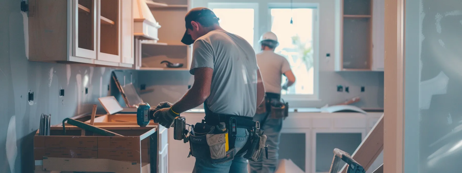 a team of construction workers carefully crafting a customized kitchen remodel.