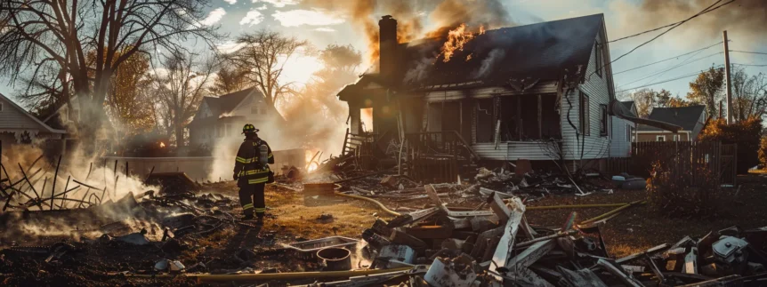 a team of firefighters in full gear assessing and cleaning up a charred home in kansas city.